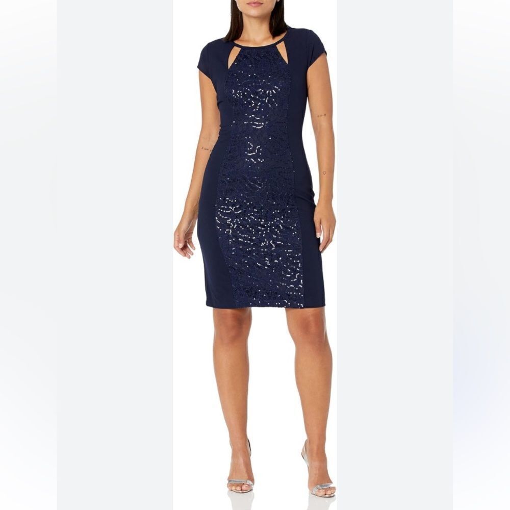 Take 50% OFF- SLNY Blue Sheath Dress with Flutter Sleeves, Size-14